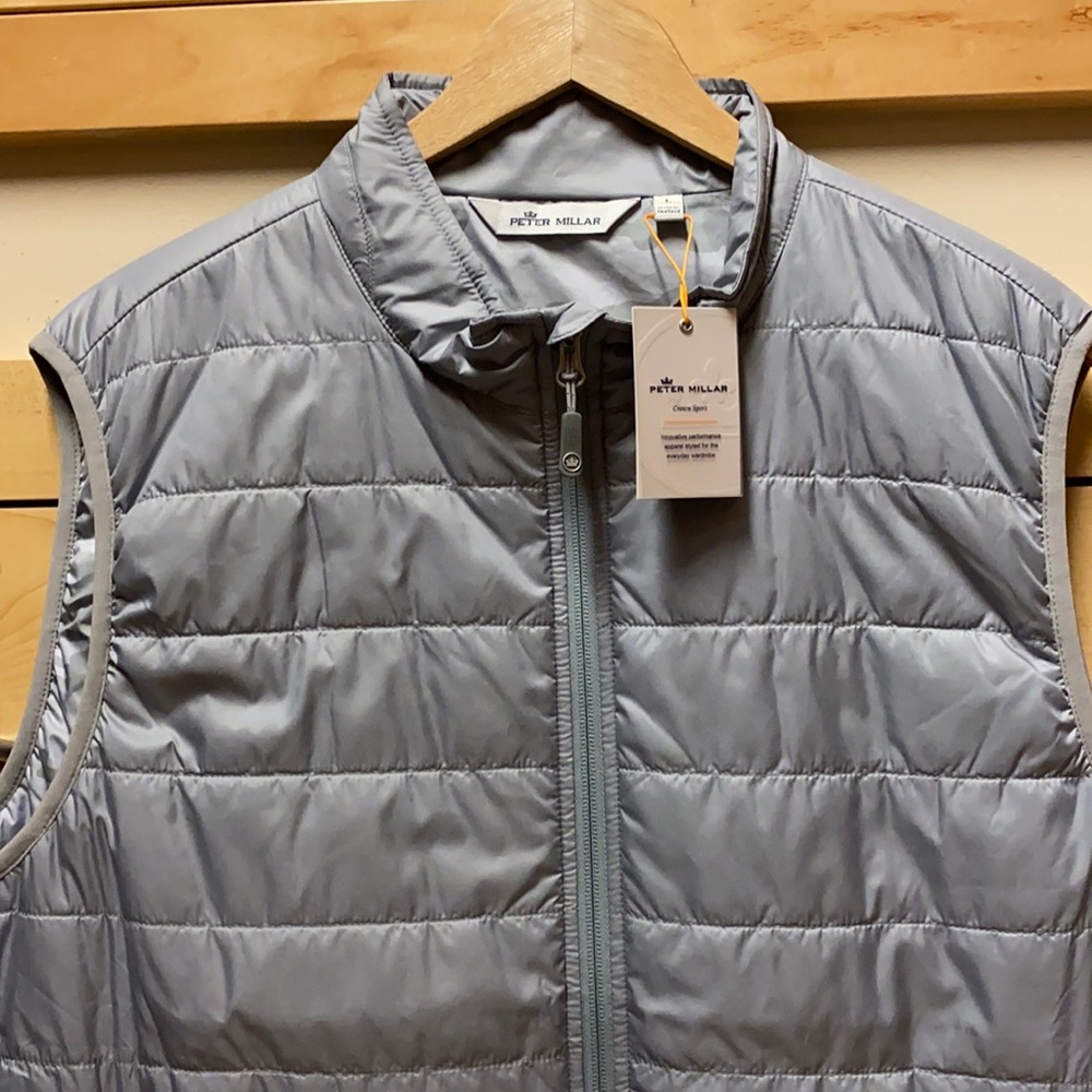 Men’s Peter Miller light gray puffer vest, size L
